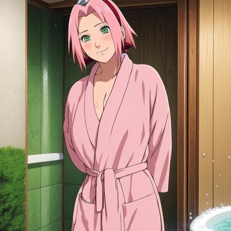 A hot sexy and naughty picture of Sakura Haruno taking a bath wearing a pink bathrobe ; sexy beautiful body ; standing full-body view ; naughty teasing smile ; forehead mark and green eyes