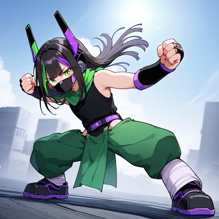 <lora:pixgkb:1> solo, p1x, streaked hair, black hair, green eyes, mouth mask, green pelvic curtain, two-tone pants, brown scarf, sleeveless black shirt, purple belt, purple jewelry, black bridal gauntlets, robot ears, bandaged legs, black shoes,
 <lora:Concept_Pepe_punch_meme:0.8> P3P3_PUNCH, fist