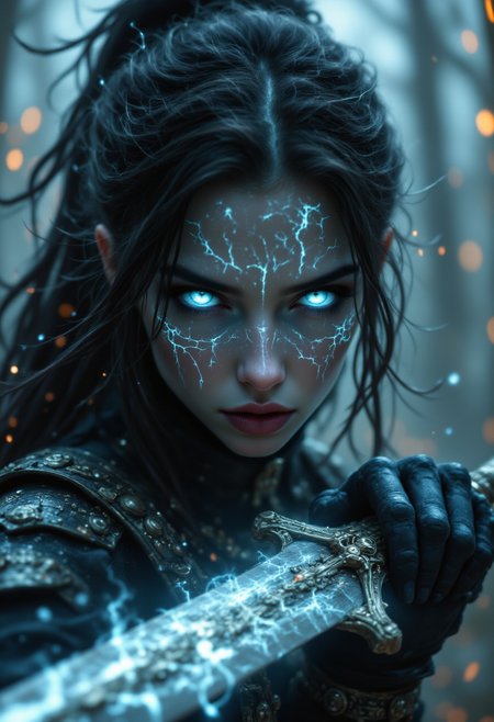 Image is a digital fantasy artwork featuring a fierce female warrior with glowing blue eyes and intricate, lightning-like patterns across her face. She has long, dark hair tied back in a high ponytail, and her skin is pale. The warrior is clad in dark, ornate armor with metallic details, gripping a sword that emits a blue, electric aura. The background is a blurred, mystical forest setting with small, glowing embers floating around, enhancing the magical atmosphere. The overall color palette is cool, dominated by blues and grays, with contrasting warm orange sparks. <lora:aidmaFLUXpro1.1:1> aidmafluxpro1.1