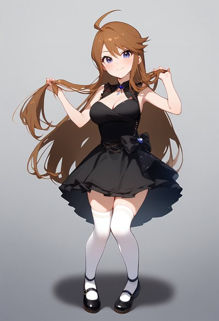 1girl,
tokoro megumi,


ahoge, looking at viewer, cleavage, sleeveless, dress, holding, brown hair, skirt, smile, black footwear, shoes, long hair, full body, closed mouth, zettai ryouiki, solo, heart, sleeveless dress, grey background, thighhighs, miniskirt, holding hair, large breasts, standing, white thighhighs, blue eyes, black dress, blush, breasts, black skirt, gradient background, mary janes,

sfw
<lora:a31_char_new_tokoro_megumi-000018:1> <lora:a31_style_koni-000010:0.8>