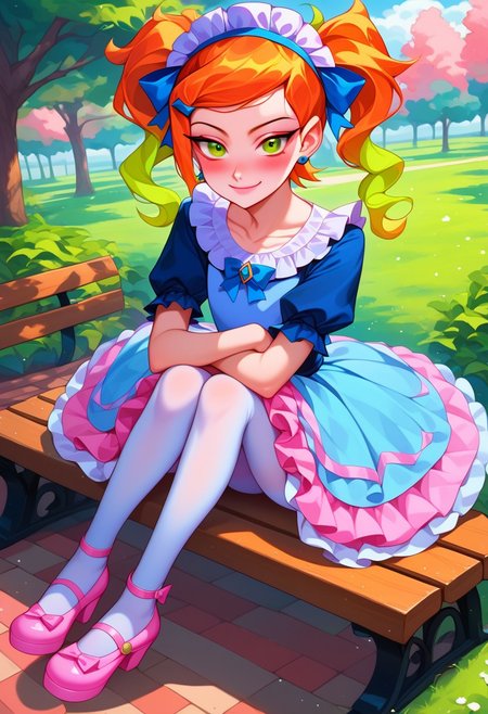 score_9, score_8_up, score_7_up, source_anime , 1girl, gwen tennyson (/Ben10)/, (ultra HD quality details), bright orange hair, pastel hair, long twintails, girly twintails, hair bows, multiple hair bows, very long hair, gradient hair, multicolored hair, pastel streaked hair, masterpiece, best quality, absurdres, 
(pastel theme, lolitafashion:1.2), pastel lolitafashion, sweet lolitadress, blue shiny lolitadress, victorian dress, kawaii, cute, moe, puffy blue dress, petticoat, puffy sleeves, pastel colors, pastel blue, pastel blue, frilled bell skirt, pastel pantyhose, pastel dress, puffy sleeves, gloves, pastel headdress, many bows, multiple bows, ribbons, frills, frilled fabric, center frills, sparkles, glitter, cute lolitashoes,
lipstick, long eyelashes, eyeshadow, eyeliner, mascara, blush, pastel makeup,  
outdoors, nature, park, park bench, 
(solo:1.2), sitting, on bench, full body, dynamic pose, dutch angle, looking at viewer, v arms, half-closed eyes, happy smile, closed mouth,
intricate, highly detailed, majestic, shallow depth of field, movie still, circular polarizer