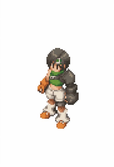 masterpiece, best quality, solo, 1girl, <lora:Yuffie-illus_Fp:1>,  yuff7, short hair, black hair, brown eyes, forehead protector, green turtleneck, midriff, single pauldron, chest strap, single arm guard, orange gloves, fingerless gloves, white shorts, fishnets,  leg warmers, orange sneakers, armor, single thighhigh, <lora:FFT-Sprites-illus_Fp:1>, looking at viewer, from side, full body, standing, solid oval eyes, no mouth, no nose, pixel art, simple background, white background,