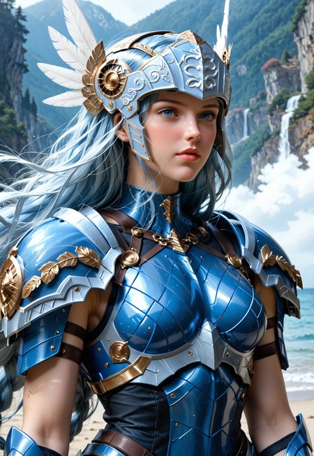 Beautiful woman, 24 years old. Fair skin. Smooth skin. Silvery blue hair. Incredible detail, high clarity. Free hair with braids. Long hair. Lips. 

Valkyrie helmet, winged helmet, beaked helmet.

Deep blue armor, metal armor, smooth armor. White pleated skirt. Good anatomy. Detailed face. 