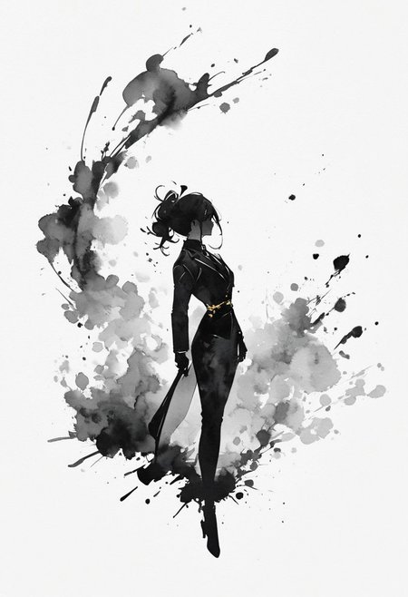 (best quality), sumi-e, watercolor style, ink splashes, silhouette art, Cyberpunk executive in a fancy black suit with subtle gold accents. ultra highres, absurdres, monochrome,