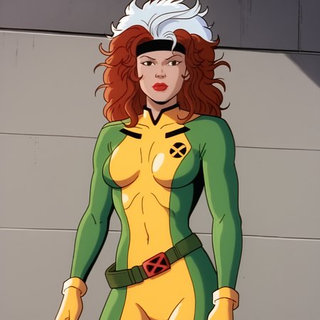 <lora:RogueTAS_pony_v1:1> RogueTAS, 1girl, yellow bodysuit, headband, lipstick, white hair,  belt, makeup, brown hair, breasts, green bodysuit, two-tone hair, multicolored hair, gloves, long hair, red hair, retro artstyle, cowboy shot