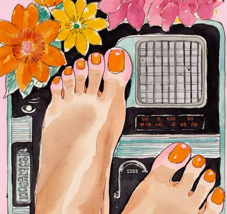 <lora:w3ss:0.6>w3ss, woman foot, pink toenail polish, orange, radio, flowers,