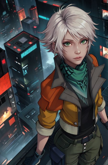 hope, white hair,  green eyes, 
orange open jacket, scarf,   cargo shorts,  gloves,  black undershirt, 
upper body,    from above,  standing, 
outside, windy, cyberpunk,  rooftop, 
(best quality, masterpiece, perfect face, beautiful and aesthetic:1.2, highest detailed face), 
 <lora:hope:0.8>