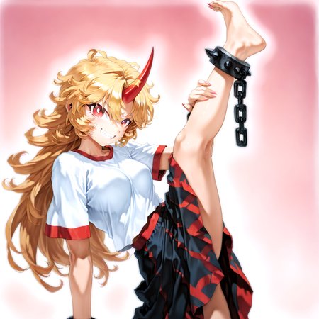 munakata_(sekimizu_kazuki):1.2,mogudan:0.7, hamada_yoshikazu:0.8 ,toriyama_akira_(style):1.1,kugara4423:1.2,touhou ,hoshiguma_yuugi , highres ,1girl ,black_skirt, blonde_hair, breasts ,bright_pupils ,cuffs ,horns,  long_hair ,looking_at_viewer, medium_breasts, open_mouth, red_eyes ,red_horns, shackles ,sharp_teeth ,shirt, short_sleeves ,single_horn ,skirt ,long skirt, solo, teeth,white_shirt, messy_hair , ^_^ ,fingernails ,grin ,hands,oni ,smile, solo,sharp_teeth,sharp_fingernails , feet, feet focus, spiked_hair ,sharp_toenails , leg_up , squatting , one leg raise up,toe,  leg_lift, muscular, muscular_female,cowboy_shot <lora:touhou_146:0.5>,<lora:illustrious_noobai_epsilon_pred_1_best_quality_v1:0.7> ,<lora:illustrious_noobai_epsilon_pred_1_masterpieces_v1:0.7>, <lora:ponyv4_noob1_2_adamW:0.5>, <lora:add_details_xl:0.7>