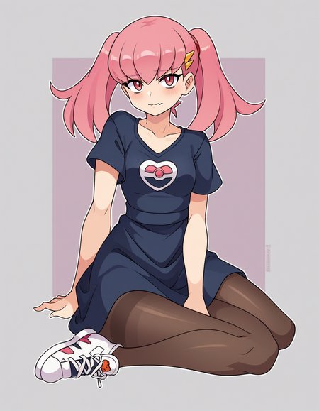 zPDXL, score_9, score_8_up, score_7_up, score_6_up, score_5_up, 4k, absurdres, looking at viewer, <lora:Perfect Hands:0.8> Perfect Hands, 1girl, solo, 
Pokemon, Whitney, twintails, pink hair, short hair, small breasts, wavy mouth, closed mouth, leg_up, t-shirt-dress, slip-on-sneakers, pantyhose,
<lora:NicoNeko_v1:0.8> ncnk, silk