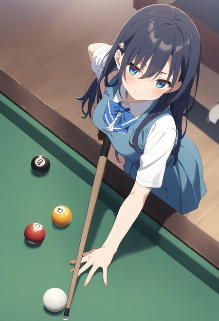 1girl,sincos, ningen mame, toosaka asagi,solo,medium breasts,school uniform,
billiards,cue stick, billiard ball, pool table, indoors,<lora:billiards_XL_v1:0.8>
from above, wide shot, looking ahead, blue hair, black eyes,facepalm,closed mouth, hime cut hair,,
best quality, very aesthetic, absurdres