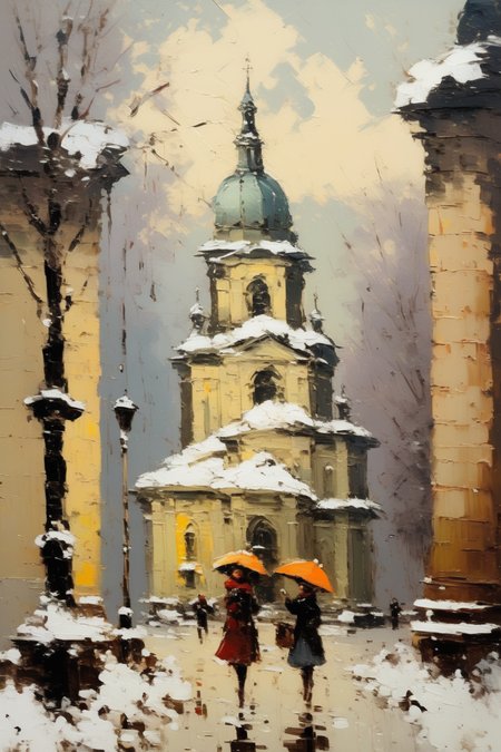 <lora:Konstantin Korovin Style:1>Konstantin Korovin Style - Classical oil painting of urban snow scene Antique oil painting, including baroque church, palette knife, highlighting the texture of brush strokes, award-winning works of oil painting masters. HD 32K