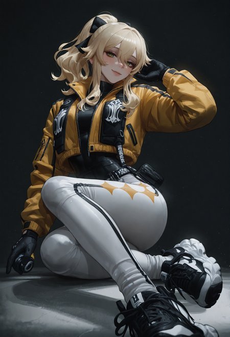masterpiece,best quality,absurdres,very awa,highres,newest,year 2024,year 2023,<lora:illustrious_noobai_epsilon_pred_1_masterpieces_v1:0.7>,<lora:ponyv4_noob1_2_adamW:0.7>,<lora:spo_sdxl_10ep_4k-data_lora_webui:0.6>,<lora:add-detail-xl:0.35>,<lora:KonyaKarasue:0.4>,akramness,ekrea jan,nslacka,
sk997cos,sk01 jacket,sk02 sneakers,
yellow jacket,
BREK,
jean \(genshin impact\),
BREAK
fringe bangs,
BREAK
seductive smile,
black gloves,
Holding one hand out to side,palm forward,(white background:1.1),
<lora:997sk cosplay IL:1>,