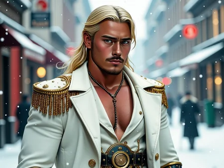 <lora:HasegawaMAN:1> a  russian steampunk aristocrat, muscular Young man, blond nicely trimed beard, pale skin, intricate white and silver steampunk outfit, long blond floating hair, falling snow, winter scenery, city under snow background, dense light,