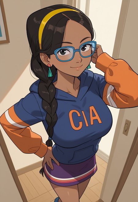 ((room background)),score_9, score_8_up, score_7_up,score_6_up, 
1girl, solo, Sacagawea_CH, brown skin, black eyes, black hair, thick long hair, low braid, yellow hairband, blue frame glasses, teal triangle earrings, blue hoodie with white sleeves, purple skirt with stripes, light brown ankle boots, cute, tall stature, social smile, perfect eyes, perfect smile, looking at the viewer, detailed eyes, perfect eyes, standing, big breasts (front pose, front view, full body shot, high angle view:1) five fingers, perfect hands, (hand on hip, hand behind head)