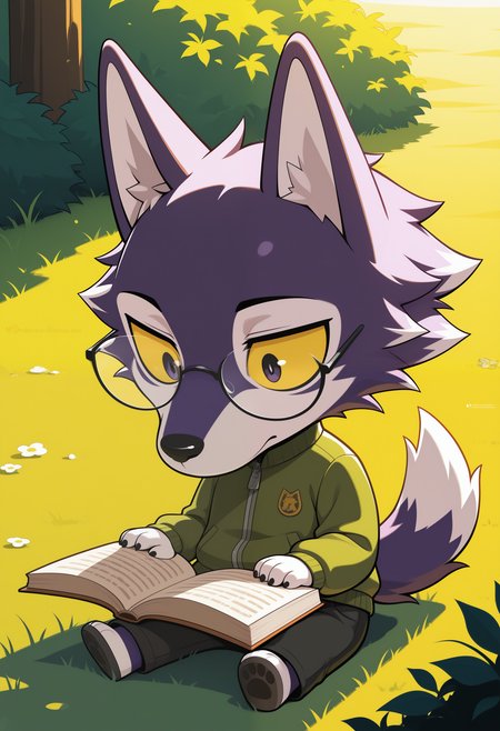 masterpiece,best quality, amazing quality, 1boy, solo, l0b0, wolf boy, chibi, yellow sclera, purple fur, green jacket, glasses, reading book, outdoors,