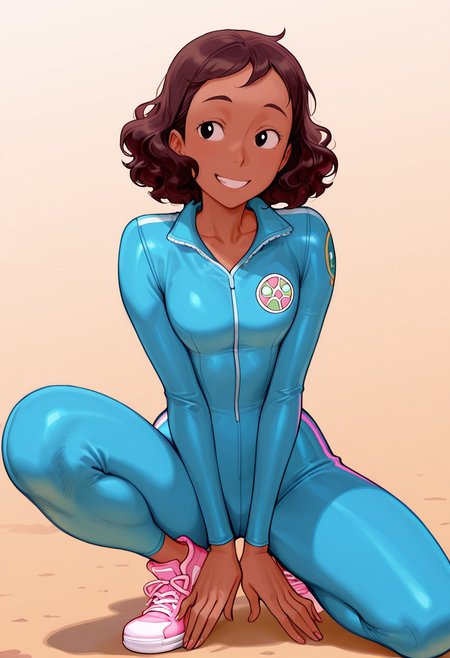 masterpiece, best quality, very aesthetic, absurdres, 1 girl, solo, Connie_Maheswaran, dark-skinned, short hair, wavy hair,  brown hair, black eyes, blue one piece suit, pink sneakers, smile, 
 <lora:Smooth_Booster_v2:0.3>, <lora:Connie_Maheswaran_SU__Illustrious:1>, <lora:AKinuNishimura_Style:1>