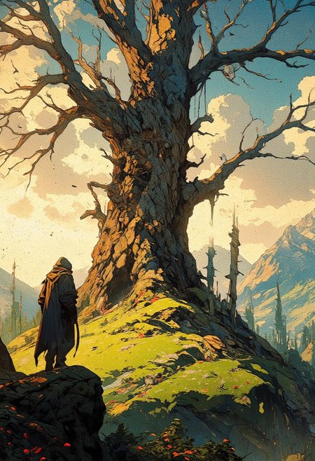 A mystical, epic fantasy landscape featuring a lone cloaked figure standing on a rocky hilltop, gazing at a massive, ancient tree with sprawling branches. The tree is illuminated by the golden glow of the setting sun, casting dramatic shadows and creating a warm, ethereal atmosphere. In the background, misty mountain ranges stretch into the horizon under a partly cloudy sky with soft beams of sunlight piercing through. The ground is covered in lush green grass, scattered with small flowers and fallen leaves dancing in the wind. Birds are flying around, adding to the sense of mystery and grandeur. High detail, cinematic lighting, epic fantasy aesthetic with a magical, serene vibe
,  anime, cyberpunk
