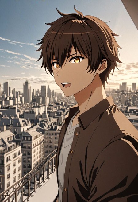Highres, Masterpiece, High Quality, 4K, 8K, solo, 1Boy, Seiya Kanie, short dark brown hair, golden eyes, high-rise rooftops, city view, wide sky, strong wind, portrait, enthusiastic, excited, standing, dramatic, window, balcony, building, easynegative, detailed_eye_model