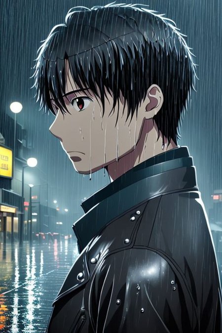 high resolution, solo, best quality, 1Boy, Portrait, Inaho Kaizuka, Black Hair, heavy rain, downtown, night, looking down, sad, leather jacket, looking away, wet, wet hair,