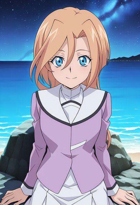 masterpiece,best quality,amazing quality,

solo,

Mikuru Shindou (Cardfight Vanguard), long hair, blonde hair, hair between eyes, blue eyes, 

school uniform, white sailor collar, shirt, jacket, long sleeves, jacket, white skirt, 

looking at viewer, smile, 

lying, Leaning back on rock,

cinematic, 

bloom, night, at beach, starry sky, galaxy sky, glowing blue ocean waves,  blue light, detailed shadow,

Official style, anime screencap, anime coloring, 

















