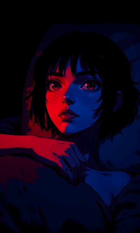 The subject is a person with short, dark hair, captured in a close-up shot. Their face is partially illuminated by contrasting red and blue lights, creating a dramatic and intense effect. The lighting highlights the contours of their face, emphasizing their features and adding depth to the image.
The person's facial expression is serious and contemplative. Their eyes are wide open, and their gaze is direct, engaging the viewer. The slight parting of their lips suggests a moment of thought or emotion, adding to the overall intensity of the image.
The person is lying down, with their head resting on what appears to be a pillow or cushion. Their body is slightly angled towards the camera, creating a sense of intimacy and vulnerability. The pose is relaxed yet deliberate, drawing attention to their face and the interplay of light and shadow.
The focus of the image is primarily on the person's face and upper body, so there are no visible details of their clothing. The lack of visible attire keeps the attention on their expression and the artistic elements of the lighting.
The camera is positioned at eye level, capturing the subject from a frontal perspective. The framing is tight, focusing closely on their face and upper body. This close-up shot emphasizes the intensity of their expression and the dramatic lighting, creating a powerful and intimate image.
The lighting in the image is dominated by the contrasting red and blue lights that illuminate the person's face. The red light casts a warm glow on one side of their face, while the blue light creates a cool, shadowy effect on the other side. The interplay of these colors adds depth and texture to the scene, enhancing the dramatic and emotional quality of the photograph.
The background is dark and indistinct, providing a stark contrast to the brightly lit subject. The darkness helps to isolate the person and draw the viewer's attention entirely to their face and the lighting effects. There are no discernible features or objects in the background, which adds to the sense of mystery and focus.
The composition is centered around the person's face and the interplay of red and blue lights. The use of close-up framing and the strong contrasts between light and shadow create a visually striking and harmonious image. The contrast between the warm tones of the red light and the cool tones of the blue light enhances the dramatic and emotional impact of the photograph.
BREAK j_art, anime, anime art, {"type":"checkpoint","modelVersionId":691639,"modelName":"FLUX","modelVersionName":"Dev"},
<lora:FLUX\jul\J_Anime:0.7>, <lora:FLUX\flux_mad_vk_:0.3>