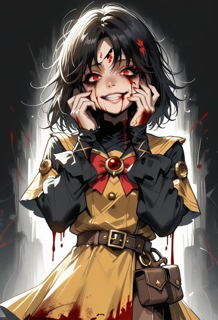 score_9, score_8_up, score_7_up, 
deep skin, skindentation, highres, highly detailed, high resolution, high quality, highres,
source_anime, anime screencap, saturation, vivid colors, 
1girl, solo, cowboy shot, 
black hair, red eyes, medium hair, (messy hair:0.8), bags under eyes,
(yellow steampunk dress:1.1), (magical girl dress:1.1), (brown shorts:1.2), roll out shorts, black tights, long black sleeves, utility belt,
gesugao, (blood on face, blood on body, excessive blood, bloodied hands), hands on cheek, (looking at viewer:1.2)