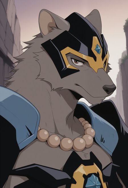 masterpiece,best quality,amazing quality, 1boy, solo, t3dium, furry, helmet, pauldrons, bead necklace, black chest armor, close up, side angle, looking at viewer, outdoors, 