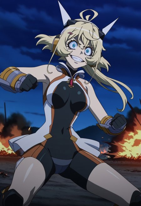 masterpiece, best quality, amazing quality, very aesthetic, absurdres, newest,shiny skin,, anime screenshot,  anime coloring,  <lora:TachibanaHibikiSeason1:1>, 1girl, tanyadegurechaff, blue eyes, blonde hair, long hair,  pointy hair, ahoge, , solo, gungnirseason1, hair ornament, bodysuit, headphones, hairclip, headgear   looking at viewer,  fighting stance, powering up, clenched hands, crazy eyes, crazy smile, battlefield, war, night, explosions, fire, sky,looking at viewer, 5_fingers