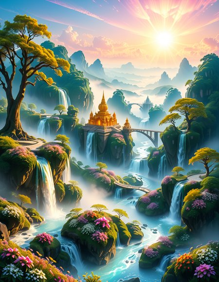 A mesmerizing celestial background featuring an otherworldly paradise. Towering crystalline mountains with peaks that glow softly under a sky painted in shifting hues of iridescent blues, pinks, and golds. Rivers of liquid light flow through vast, open meadows filled with luminescent flowers that pulse with a gentle glow. Gigantic, translucent trees with silver leaves sway in a breeze that carries floating particles of golden dust. Suspended bridges made of shimmering energy connect ancient, floating monoliths engraved with intricate celestial patterns. In the distance, an enormous radiant waterfall cascades into a bottomless, mist-covered abyss, reflecting the surrounding ethereal glow. A tranquil atmosphere, untouched and divine, filled with an overwhelming sense of wonder and serenity.
<lora:SDXLFaeTastic2400:0.4> <lora:extremely_detailed:0.4> extremely detailed, <lora:heavenly_l4ndsc4p3:1>,heavenly l4ndsc4p3, Masterpiece,best quality,hi res,8k,hi res,8k,award winning,(sharp focus, intricate, highly detailed),