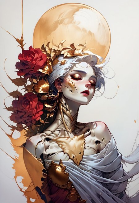 score_9, score_8_up, score_7_up, score_6_up, score_5_up, score_4_up, <lora:g0ldl34fXLP:0.8> g0ldl34f, 1girl, extremely beautiful, elegant moon princess, very long white hair, (ribs showing, bones, exposed bones), flowing ethereal gown, gold roses, white background,