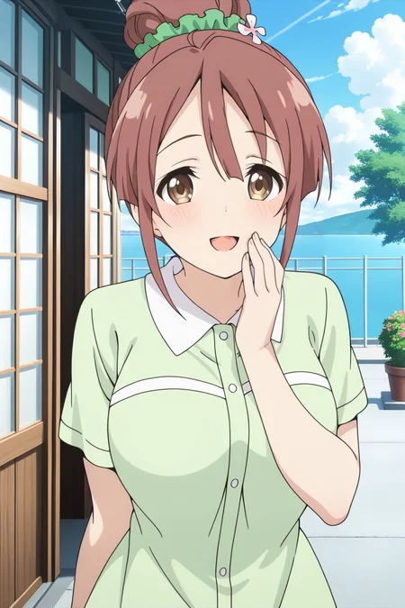 anime screenshot, 1girl, solo, shinomiya shiori, brown hair, single hair bun, green scrunchie, hair scrunchie, hair flower, brown eyes, large breasts, green dress, collared dress, short sleeves, looking at viewer, smile, open mouth, hand to own mouth,  cowboy shot, outdoors, masterpiece, best quality, high quality, highres, absurdres, <lora:shinomiya_shiori_ILXL:0.9>