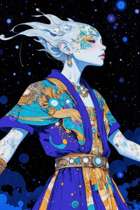 An extreme close-up of a human figure with the head of a white gecko, its glossy, iridescent scales reflecting mesmerizing shades of blue, teal, and purple with oily textures, highlighted by **niji_flux** style. The soft blur effect enhances the dreamlike quality of the scene, as light dances across the **aesthetic_pose**, adding a surreal beauty. The figure is draped in royal violet robes with intricate bronze accents and glowing patterns that pulse with a mystical energy. The **dynamic_pose** captures the figure heroically, arms outstretched, adding movement and power, as it’s seen from a dramatic low angle to intensify the cosmic authority. The scene is bathed in **dramatic_lighting**, creating sharp contrasts that emphasize the intricate details of the shimmering scales and flowing robes. The dark cosmic nebula background, filled with distant stars, enhances the otherworldly feel. In the style of **BSstyle004** and **Jed-clrfl**, the interplay of light, color, and textures creates a captivating atmosphere where every detail, from the iridescent scales to the glowing patterns, evokes a sense of cosmic power and surreal majesty.