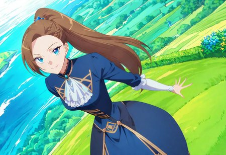 masterpiece, best quality,  1girl, outdoors, looking at viewer, solo, highres, brown hair, long hair, ponytail, blue eyes,
(Katarina Claes, wear blue original Victorian dress :1.0), dynamic pose, at beautiful garden , seductive smile,  detailed eyes,  best quality,  full body shot, landscape , 
dynamic Camera angle, random Camera angle, 
score_9, score_8_up, score_7_up, rating_explicit, epiCPhoto, sharp avn award winning photo, ultrasharp, artistic photoshoot, masterpiece, best quality, detailed painting,