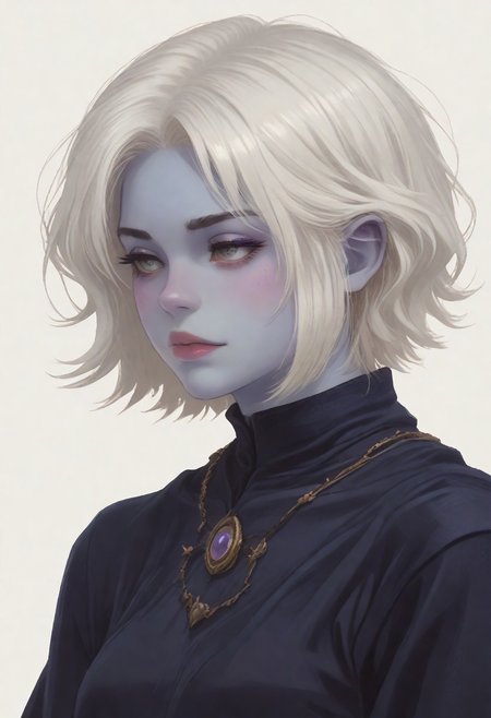 score_8_up, score_7_up, score_6_up, dnd <lora:dnd_flat:0.95> 1girl tiefling, portrait, short horns, blue skin <lora:Crude:0.6> (wizard clothes:1.2) , jewelry, short BOB hair, WHITE hair, close up, side view. 
WHITE BACKGROUND