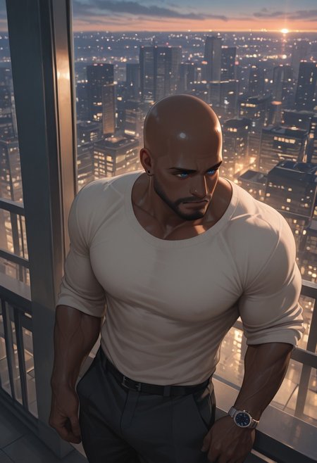 masterpiece, best quality, amazing quality, absurdres, newest, detailed background, definition so sharp, Ultra-HD, 8K cinematic, very awa, impressionate, amazing quality, highres, 
1boy, mbti_estj, muscular man, mature man, bald, dark skin, facial hair, blue eyes, watch, solo, balcony, city lights \(bokeh\), twilight, soft ambient light, overlooking cityscape, pensive, relaxed, smart casual, warm atmosphere, tranquil urban, high quality, atmospheric, aesthetic