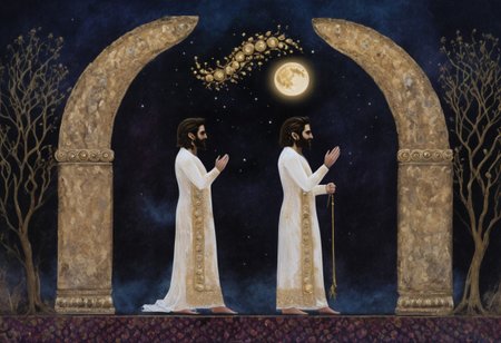 moon cycle arches above Cyrus the great in a long white dress meets with Zartosht, gold scrollwork, novuschroma style