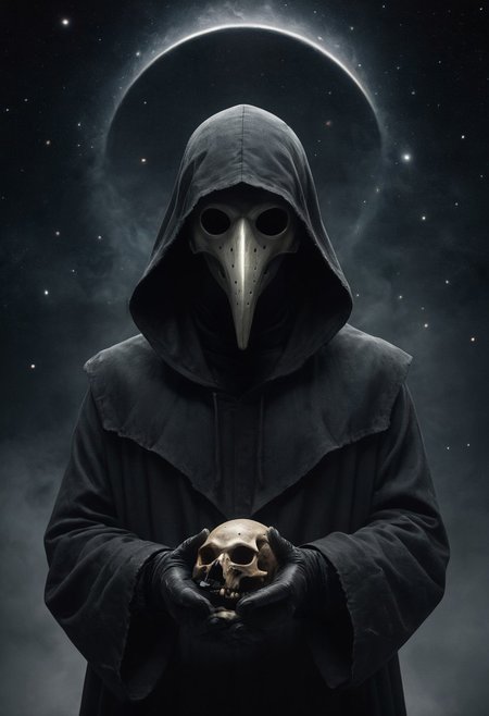 source_photo, hooded figure, holding a human skull that opens into the universe, (plague doctor mask:1.5), ouroboros, low-key, (32K, 16K, 8K, 4K, high resolution),