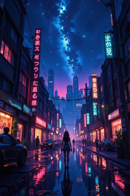 a cyberpunk street full of futuristic technology beautiful  landscape, bright luminous starry night, woman, very intricate, very detailed, sharp, bright, colorful, <lora:Hand v2:0.5> <lora:Anti-Blur:1><lora:Insane Detail Slider:0.25>  <lora:flux.1_lora_flyway_Epic-detail_v2:0.3> <lora:fluxenhancer:0.25> <lora:ROWER:0.8>  <lora:Anime_style:0.6> anime style