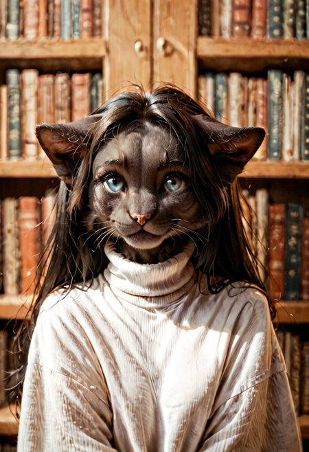 score_9, score_8_up, score_7_up, anthro female cat, ears folded back, Dropped ears, blue eyes, pupils, black long hair, black pony,  furry, fluffy gray fur, cat tail, library,turtleneck, furry hands, shy smile, frontview.
