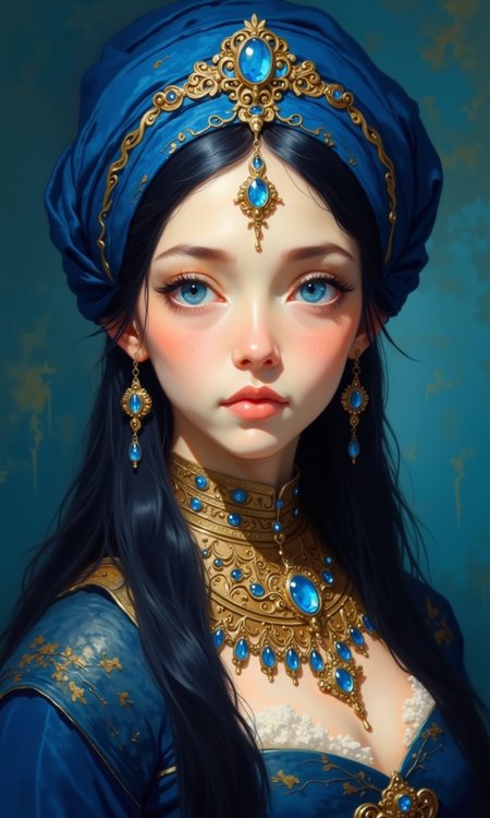 Close-up portrait of a woman. 
She is adorned with a deep blue turban that is draped and tied around her head.  A lavish golden jewel encrusted ornament rests atop it, featuring a prominent blue gem.  A matching gold-and-blue pendant dangles from her forehead and she has long dark blue-black hair that appears to cascade around her shoulders and down her back.
On her face, intense blue eyes are the focal point. Her skin has a soft, light-rosy tone.  Her lips are a delicate pink.
The woman wears a large gold-embellished necklace with intricate patterns and a series of smaller blue gemstones set in the golden design.  The clothing she wears is a dark, rich blue, possibly lacy or embroidered fabric.  A matching pair of earrings with blue details hangs from her ears.
The background is a gradient of a deep azure blue, creating a dramatic backdrop for the rich colors of the woman's attire. The lighting is focused on the woman's face and upper torso, highlighting the intricate details of the jewelry and the color of her garments. The style is reminiscent of a fantasy or historical portrait.
<lora:FLUX-daubrez-DB4RZ-v2:1> DB4RZ, DB4RZ style painting