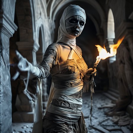 sexy nun zombie mummy in the mummy cathedral, torches on the walls, bandages, professional photo, very detailed and dramatic, cinematic, darkness<lora:mummy:1>