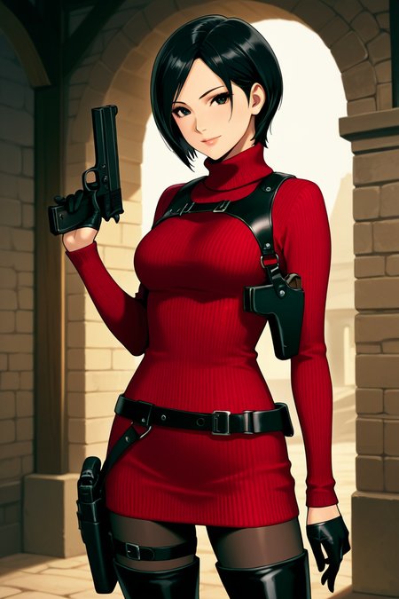 <lora:ada_wong_re_illus:0.7> ada wong, black hair, short hair, black eyes, medium breasts, red sweater, turtleneck, chest harness, pantyhose, black gloves, half gloves, black belt, pistol holster, 1girl, solo, looking at viewer, smile, thighhighs, jewelry,  standing, weapon, boots, belt, black footwear, lips, gun, thigh boots, bob cut, high heel boots, sweater dress, thigh holster, asian, shoulder holster, black thighhighs, anime coloring, pistol holster on belt, medieval cities, more detail, cowboy shot,