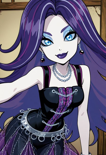 masterpiece, best quality, solo, curvy, beautiful eyes, narrow waist, wide hips, 1girl, solo, smile, looking at viewer, foreshortening, close up, anime screenshot,    ,<lora:SpectraVondergeistMH_IXL:1.0>, zzSpectra, blue eyes, blue hair, long hair, multicolored hair, purple hair, streaked hair, two-tone hair, pale skin, makeup, jewelry, earrings, lipstick, dress, necklace, eyeshadow, bracelet, purple lips,  C0utur3Cr4z3, <lora:CoutureCraze_IXL:0.3>,, cowboy shot, leaning forward, smile, looking at viewer, shiny skin,