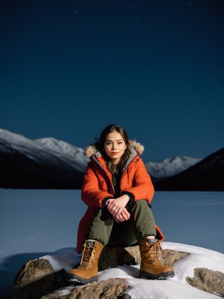 Analog photo of Nellie_LaPlace_P_MXAI_SDXL , sad expression, wearing a winter coat, wearing winter pants, wearing winter boots, sitting on a rock by a frozen mountain lake, midnight, moonlight, shot from the side, PA7_Portrait-FL