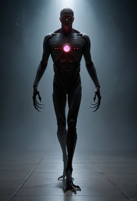 score_9, score_8_up, score_7_up, robot, scary robot, tall robot, slender arms and legs, metal talons, plasma orb core, plasma orb in chest, realistic, full body, alien world, dramatic lighting, plasma beams arching to ground, walking toward fewer, reaching out at viewer, mechincal hand, exposed wires, MALE ROBOT, exposed cables