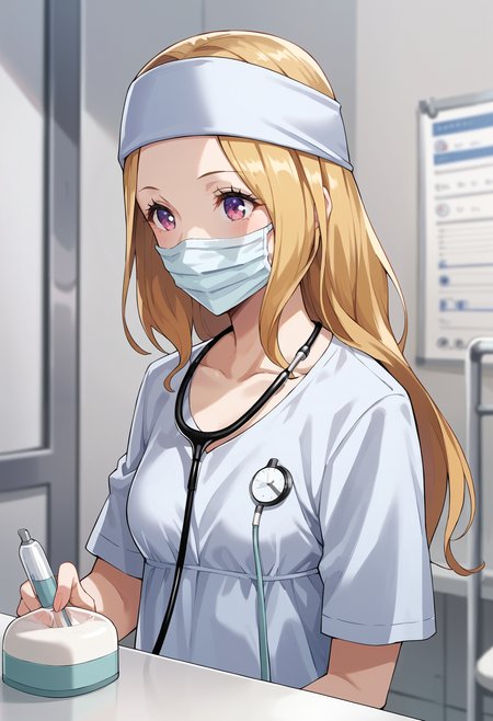 score_9, score_8_up, source_anime
1 girl, solo, cute face,
p5chihaya, blonde hair, longe hair, headband,
surgical scrubs, medical mask, surgical outfit, operating room, standing, doctor headlamp, doctor head mirror, stethoscope,
masterpiece, best quality, ultra detailed,