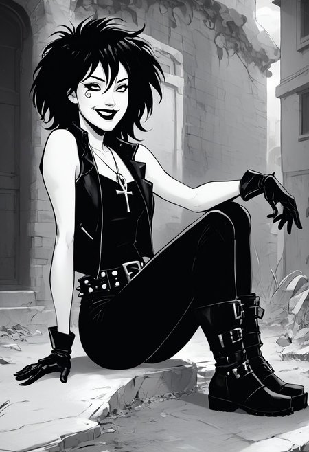 dsk_death, 1girl,  solo, jewelry, gloves, , boots, sitting, makeup, short hair, smile, lipstick, black hair, gothic, jewelry, necklace, ankh necklace, nail polish, leather jacket, black shirt, vest, short sleeves, tattoo, gloves, pants, lipstick, belt, spiked hair, black boots, comic art style, death_of_the_endless\(sandman\), greyscale, monochrome, cinematic angle, cinematic lighting, BREAK zPDXL2 PonyXLV6_Scores