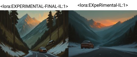 very awa, masterpiece, best quality, highres, absurdres, painting, scenery, no humans, mountains, road, forest, hill, car, snowing, dusk, <lora:EXPERIMENTAL-FINAL-IL:1>,
