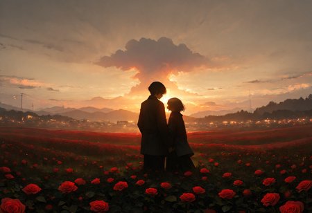 SFW,HDR, 8K, high contrast, high resolution, ultra-detailed,masterpiece, best quality, amazing quality, very aesthetic, absurdres, (scenery, volumetric lighting), newest, depth of field,sunset, overcast,berlin, dystopian, library,"0_0",couple,romantic,beautiful garden,roses,masterpiece, best quality, amazing quality, very aesthetic, absurdres, (scenery, volumetric lighting), newest,depth of field , <lora:ValentineNatureStyle:1> ValentineNatureStyle, <lora:748cmSDXL:0.7> 748cmstyle, <lora:haiz_ai_illu:0.3> haiz_ai, no lineart,no outline,   <lora:ç»ªå¿ åæ¶æå¾åå½±è´¨æå¢å¼ºV3:0.5> XUER guangying, <lora:ral-vltne:0.8> ral-vltne,
