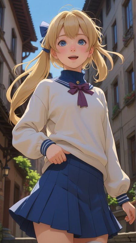 <lora:detailed_notrigger:1>,school_uniform,ruins,serafuku,sun_glare,black_pantyhose,building,fuji_tarawi,highres,sunlight,blue_skirt,halo,pantyhose,sweater,twintails,1girl,pointing,blue_archive,smile,blonde_hair,solo,hifumi_\(blue_archive\),skirt,dutch_angle,pointing_up,white_sweater, masterpiece, best quality, amazing quality, very aesthetic, high resolution, ultra-detailed, absurdres, newest,Masterpiece, best quality, amazing quality, very aesthetic, high resolution, ultra-detailed, absurdres, HDR,, (Studio ghibli style, Art by Hayao Miyazaki:1.2), Anime Style, Manga Style, Hand drawn, cinematic, Sharp focus, humorous illustration, big depth of field, Masterpiece, concept art, trending on artstation, Vivid colors, Simplified style, trending on ArtStation, trending on CGSociety, Intricate, Vibrant colors, Soft Shading, Simplistic Features, Sharp Angles, Playfulâââ